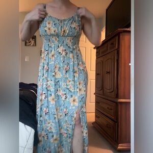 Mason & Belle Blue Floral Maxi Dress Size L Boho Flowy Slit